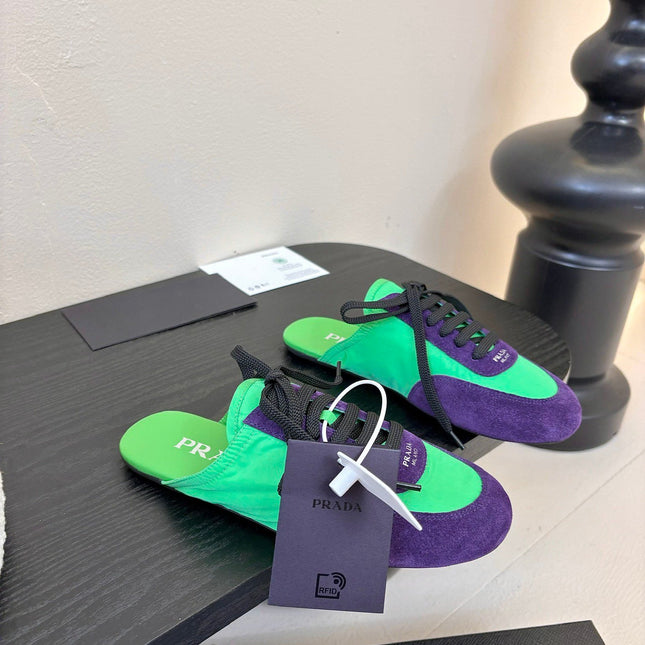 SNEAKER MULES IN GREEN NYLON AND PURPLE SUEDE