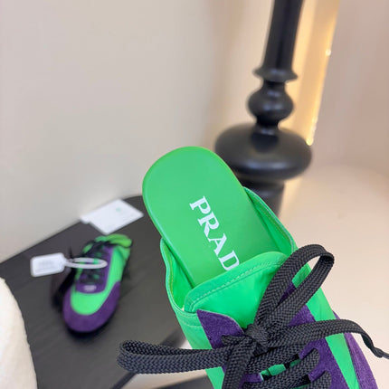 SNEAKER MULES IN GREEN NYLON AND PURPLE SUEDE