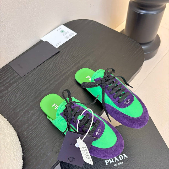 SNEAKER MULES IN GREEN NYLON AND PURPLE SUEDE