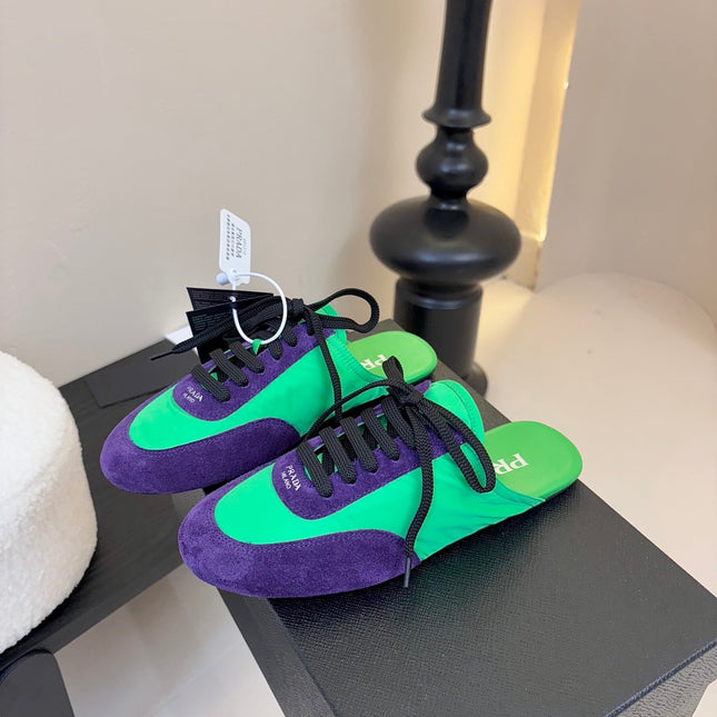 SNEAKER MULES IN GREEN NYLON AND PURPLE SUEDE