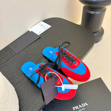 SNEAKER MULES IN BLUE NYLON AND RED SUEDE