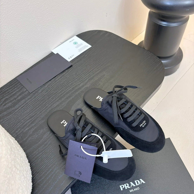 SNEAKER MULES IN BLACK NYLON AND SUEDE