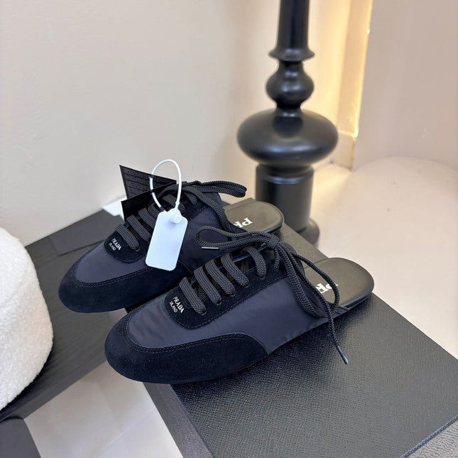 SNEAKER MULES IN BLACK NYLON AND SUEDE