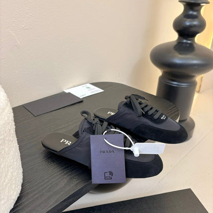 SNEAKER MULES IN BLACK NYLON AND SUEDE