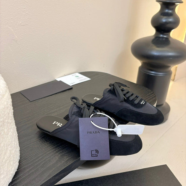 SNEAKER MULES IN BLACK NYLON AND SUEDE