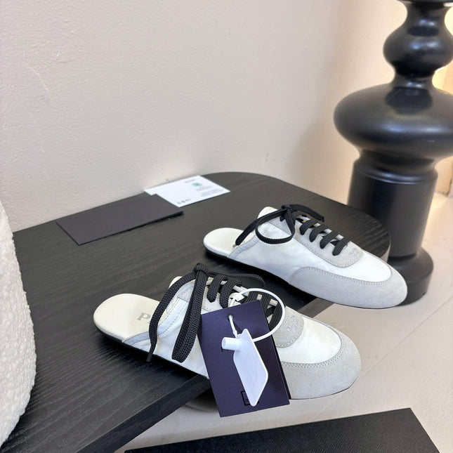 SNEAKER MULES IN BEIGE SUEDE AND WHITE NYLON