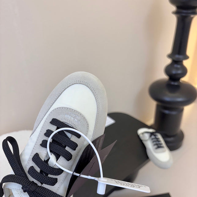 SNEAKER MULES IN BEIGE SUEDE AND WHITE NYLON