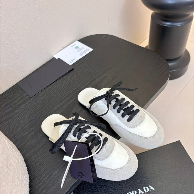 SNEAKER MULES IN BEIGE SUEDE AND WHITE NYLON