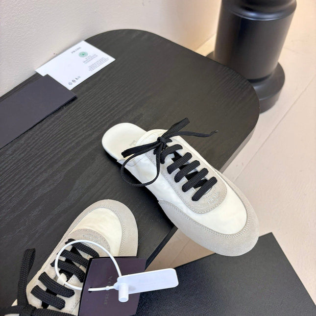 SNEAKER MULES IN BEIGE SUEDE AND WHITE NYLON
