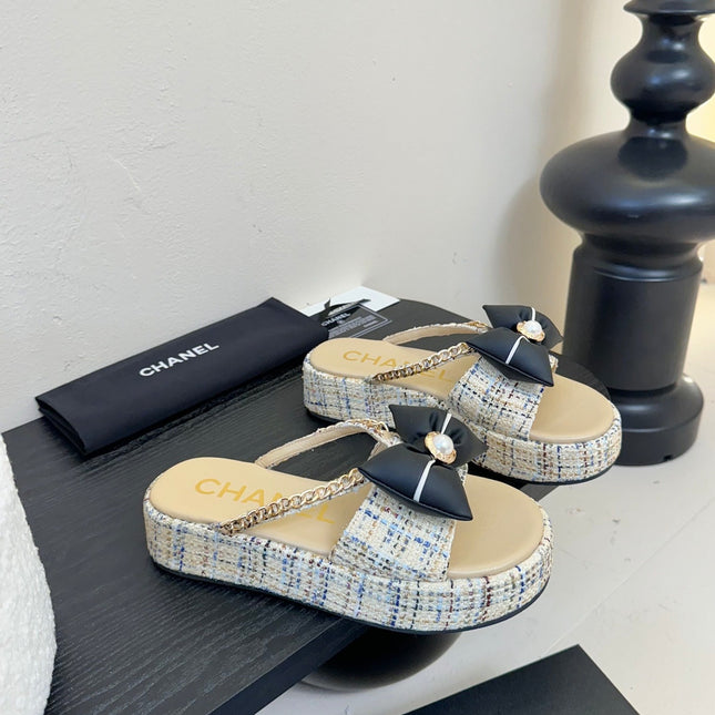 PLATFORM FLIP-FLOPS IN BEIGE TWEED FABRIC