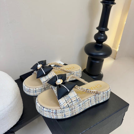 PLATFORM FLIP-FLOPS IN BEIGE TWEED FABRIC