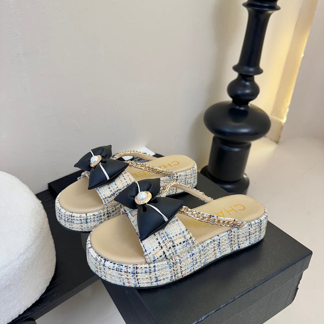 PLATFORM FLIP-FLOPS IN BEIGE TWEED FABRIC