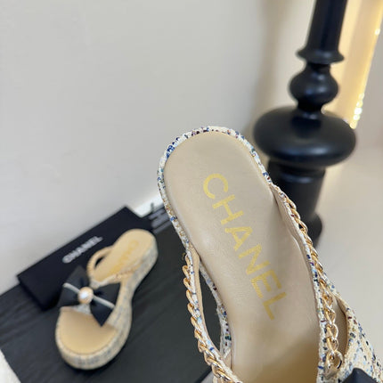 PLATFORM FLIP-FLOPS IN BEIGE TWEED FABRIC