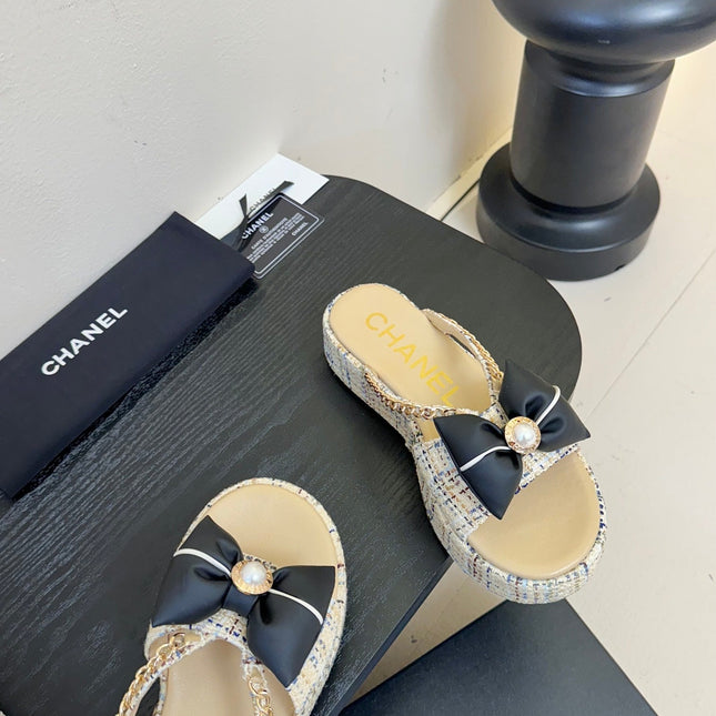 PLATFORM FLIP-FLOPS IN BEIGE TWEED FABRIC