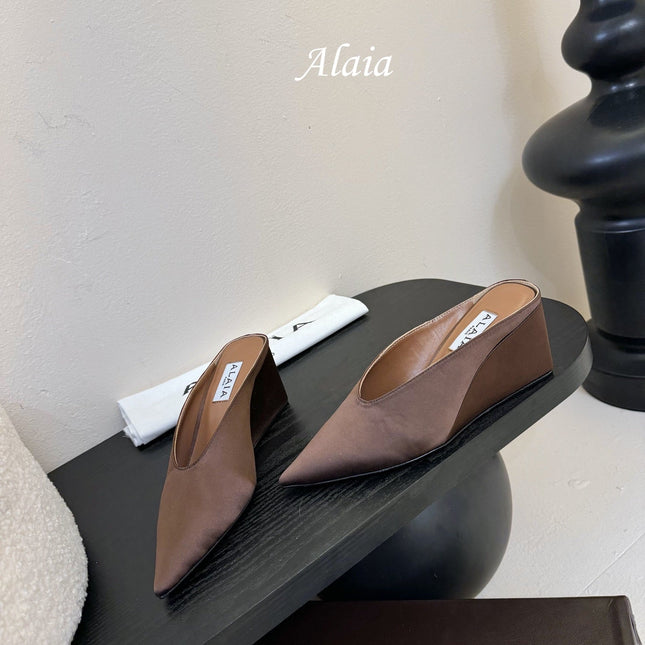 ALAIA HIGH MULES 25S IN BROWN SATIN