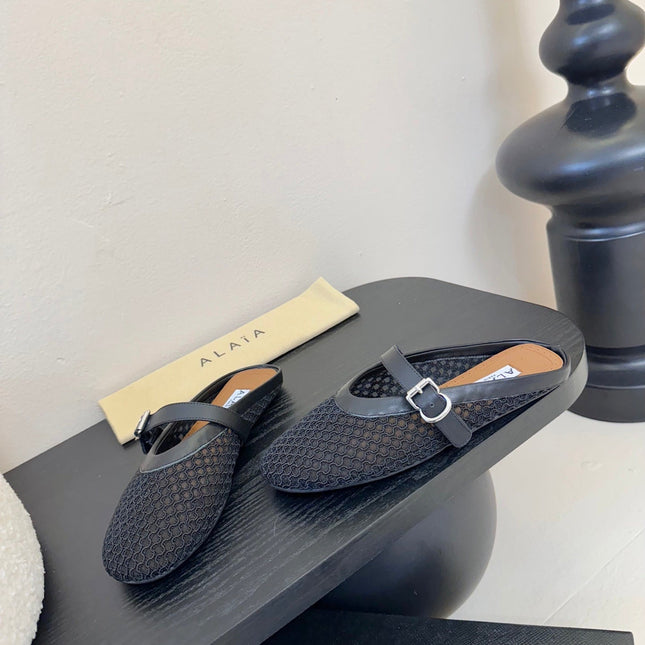ALAIA FLAT MULES 25S IN BLACK WOVEN MESH