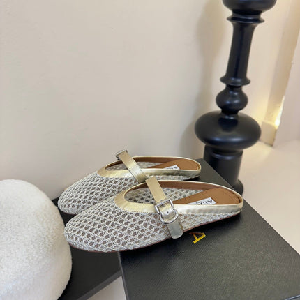 ALAIA FLAT MULES 25S IN GREY MIX GOLD WOVEN MESH