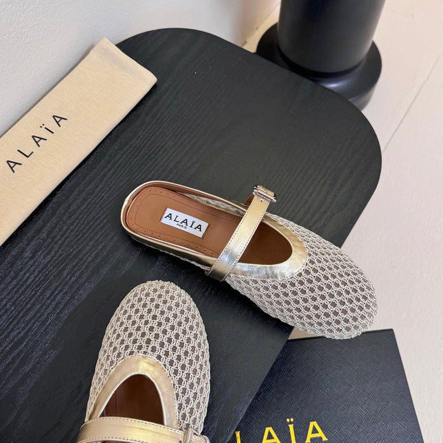 ALAIA FLAT MULES 25S IN GREY MIX GOLD WOVEN MESH