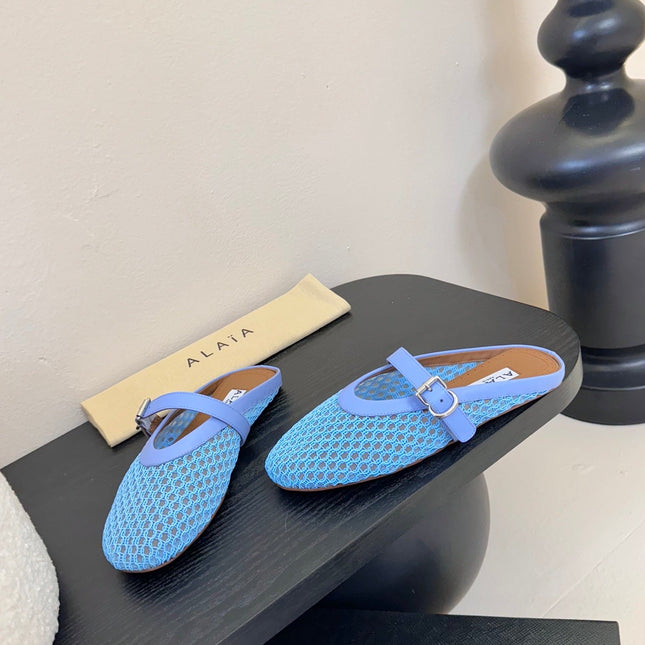 ALAIA FLAT MULES 25S IN BLUE MIX PURPLE WOVEN MESH