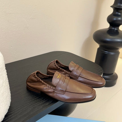 PRADA 25S SHUFFLE LOAFERS IN EARTH BROWN CALFSKIN