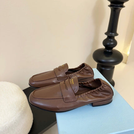 PRADA 25S SHUFFLE LOAFERS IN EARTH BROWN CALFSKIN
