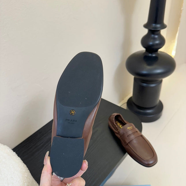 PRADA 25S SHUFFLE LOAFERS IN EARTH BROWN CALFSKIN
