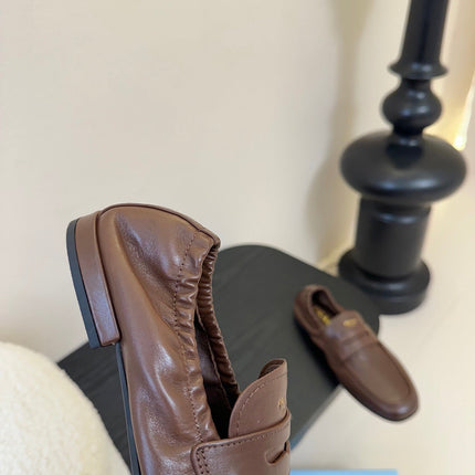 PRADA 25S SHUFFLE LOAFERS IN EARTH BROWN CALFSKIN