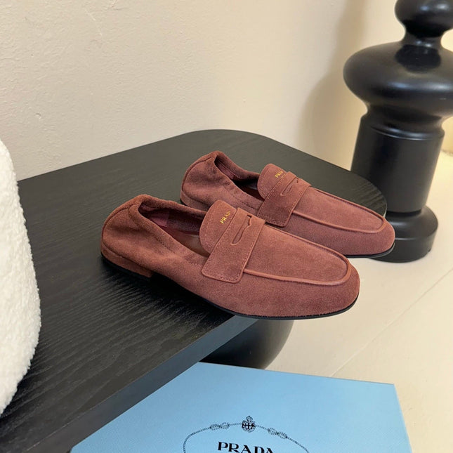 PRADA 25S SHUFFLE LOAFERS IN DARK BROWN SUEDE