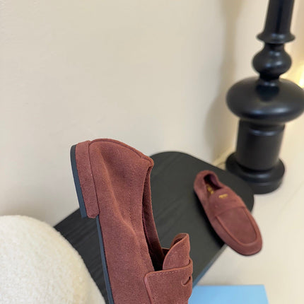 PRADA 25S SHUFFLE LOAFERS IN DARK BROWN SUEDE
