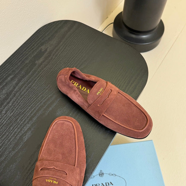 PRADA 25S SHUFFLE LOAFERS IN DARK BROWN SUEDE