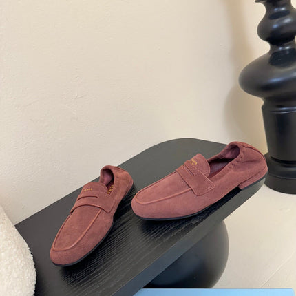 PRADA 25S SHUFFLE LOAFERS IN DARK BROWN SUEDE