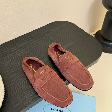 PRADA 25S SHUFFLE LOAFERS IN DARK BROWN SUEDE