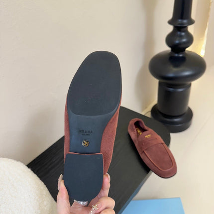 PRADA 25S SHUFFLE LOAFERS IN DARK BROWN SUEDE