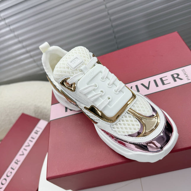 VIV' ON THE RUN SNEAKERS IN GOLD PINK PATENT CALFSKIN AND WHITE FABRIC