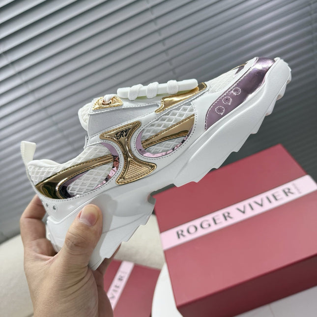 VIV' ON THE RUN SNEAKERS IN GOLD PINK PATENT CALFSKIN AND WHITE FABRIC