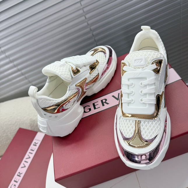 VIV' ON THE RUN SNEAKERS IN GOLD PINK PATENT CALFSKIN AND WHITE FABRIC