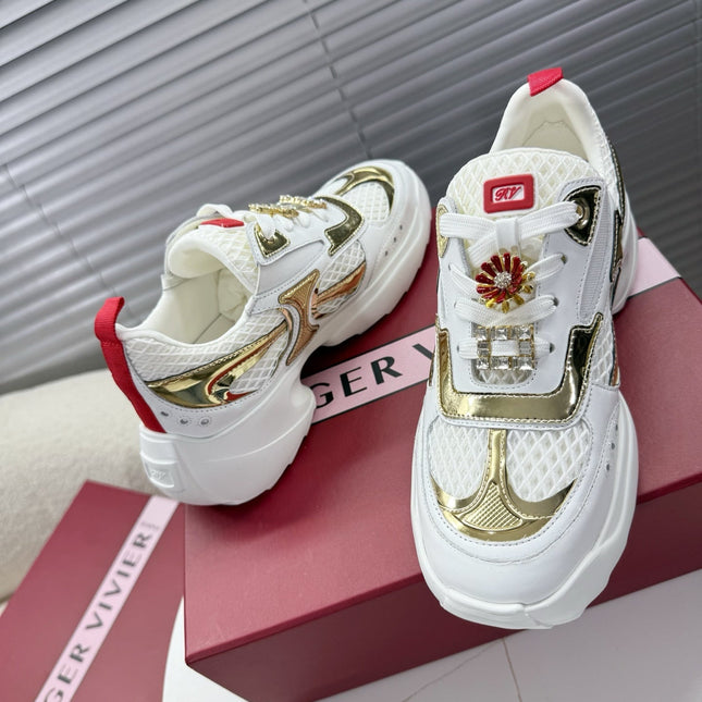 VIV' ON THE RUN SNEAKERS IN GOLD PATENT CALFSKIN AND WHITE FABRIC