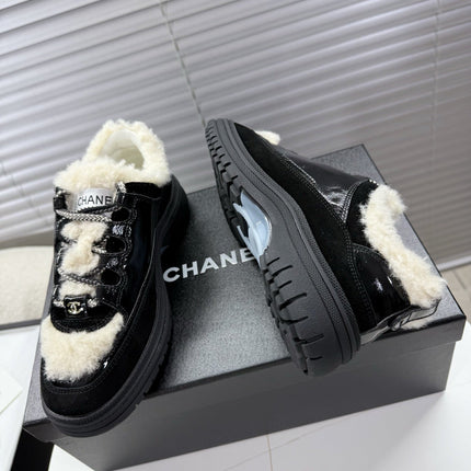 CHANEL 25S SNEAKERS WITH FUR ACCENTS 35MM IN BLACK CALFSKIN