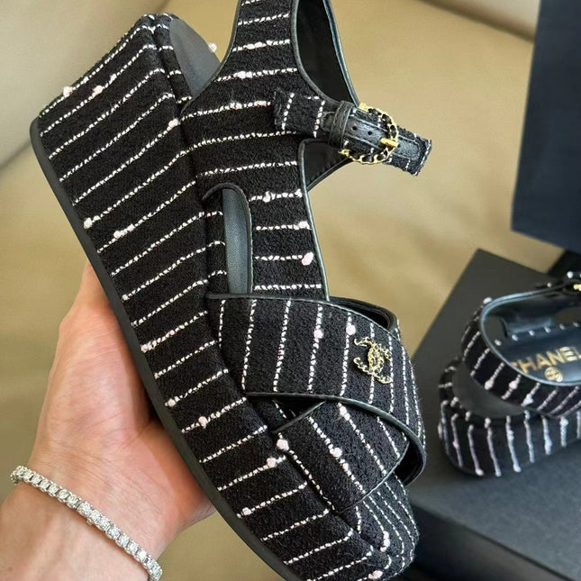 CC CLASSIC WEDGE SANDALS IN BLACK WHITE LAMBSKIN SUEDE