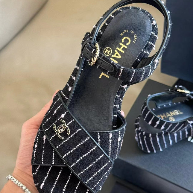 CC CLASSIC WEDGE SANDALS IN BLACK WHITE LAMBSKIN SUEDE