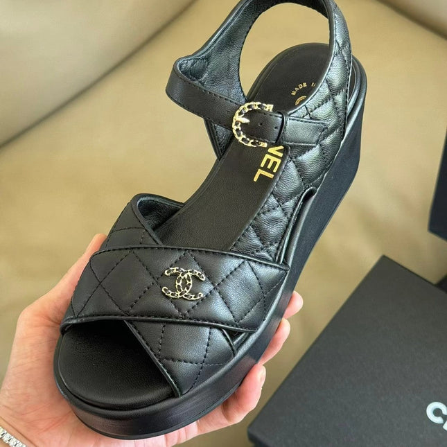 CC CLASSIC WEDGE SANDALS IN BLACK LAMBSKIN