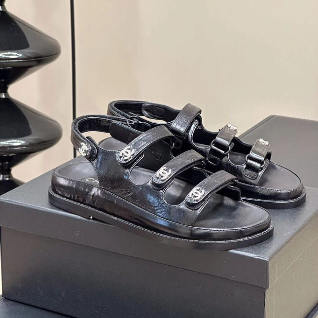 CC DAD SANDALS THREE STRAP BLACK LAMBSKIN