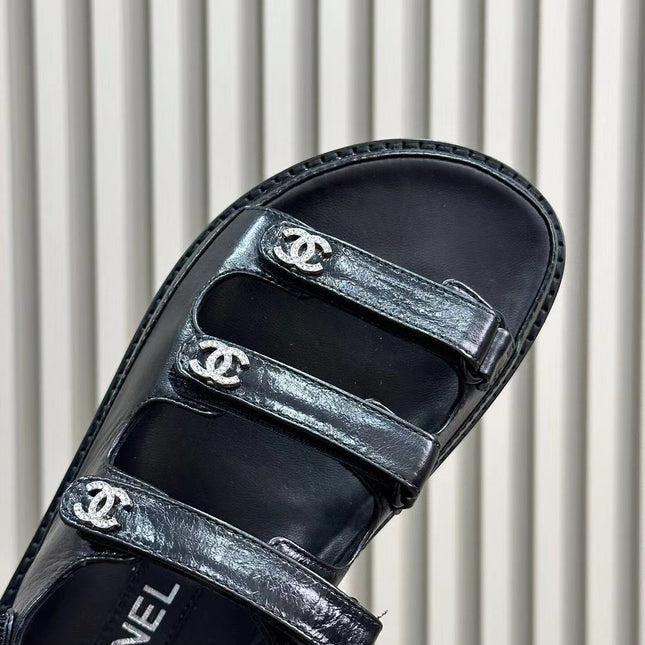 CC DAD SANDALS THREE STRAP BLACK LAMBSKIN