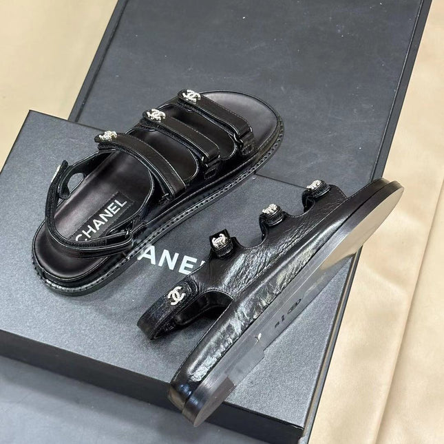 CC DAD SANDALS THREE STRAP BLACK LAMBSKIN