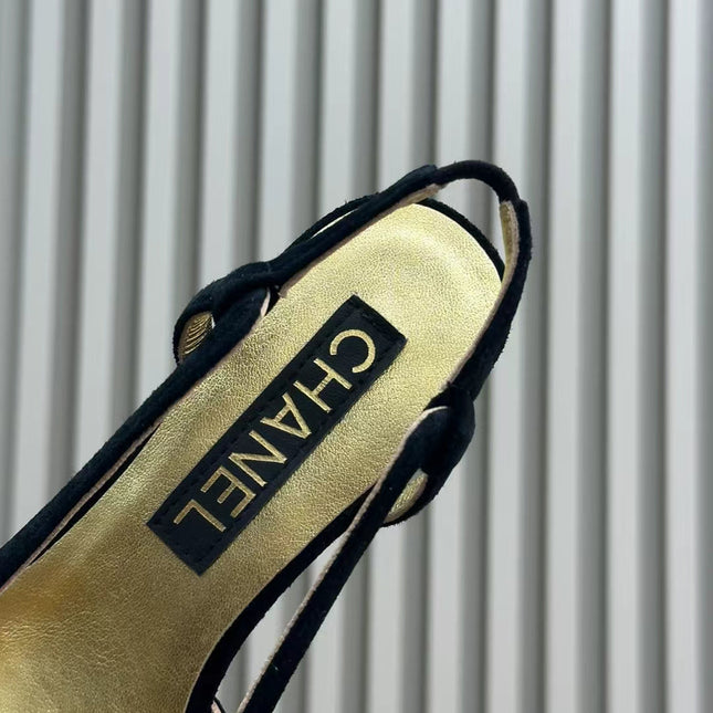SLINGBACKS IN BLACK SUEDE AND GOLDEN LAMBSKIN