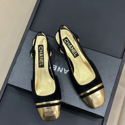 SLINGBACKS IN BLACK SUEDE AND GOLDEN LAMBSKIN