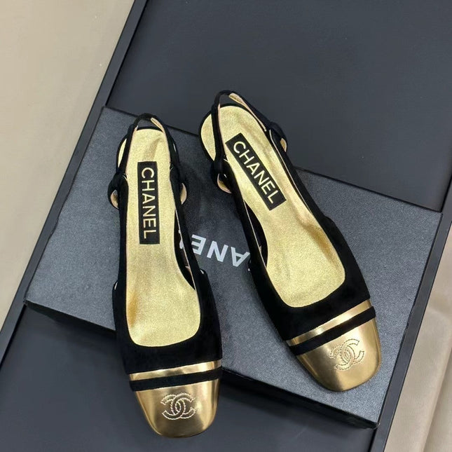 SLINGBACKS IN BLACK SUEDE AND GOLDEN LAMBSKIN