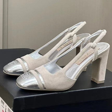 HIGH SLINGBACKS IN GREY SUEDE AND SILVER LAMBSKIN