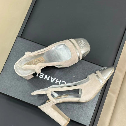HIGH SLINGBACKS IN GREY SUEDE AND SILVER LAMBSKIN