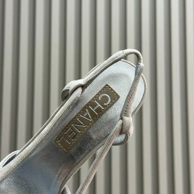 HIGH SLINGBACKS IN GREY SUEDE AND SILVER LAMBSKIN